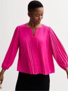 Nine West Hot Pink Pleated Long-Sleeve Blouse